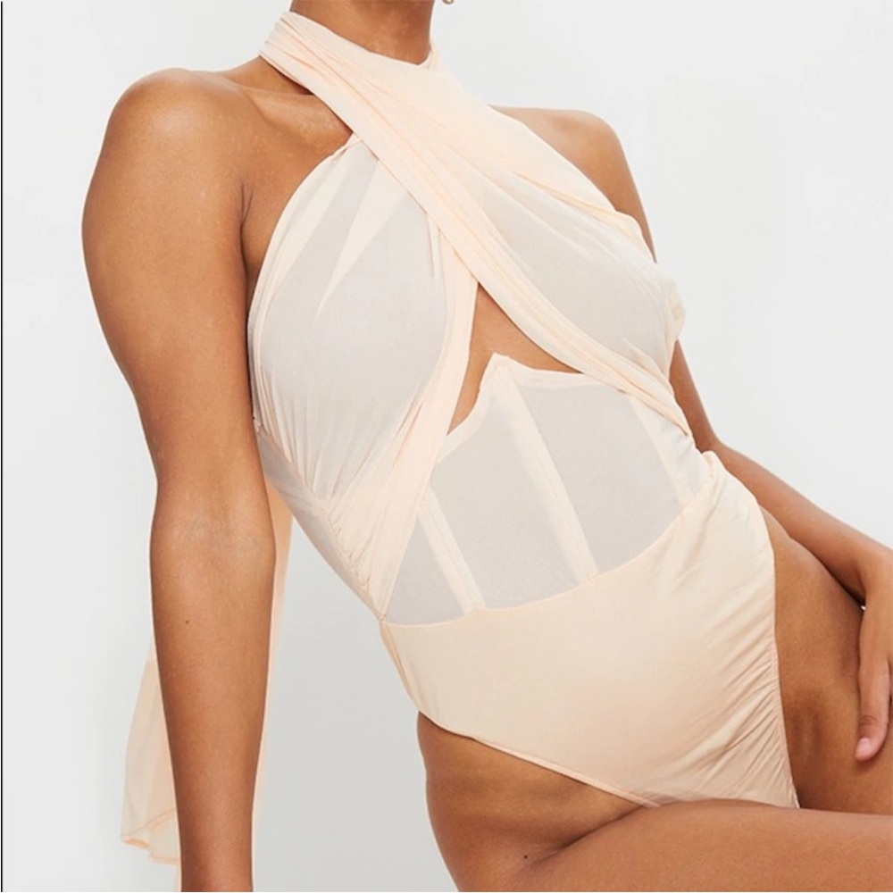 PrettyLittleThing Bodysuit Nude Chiffon‎ Halterneck Underbust Corset Detail  8